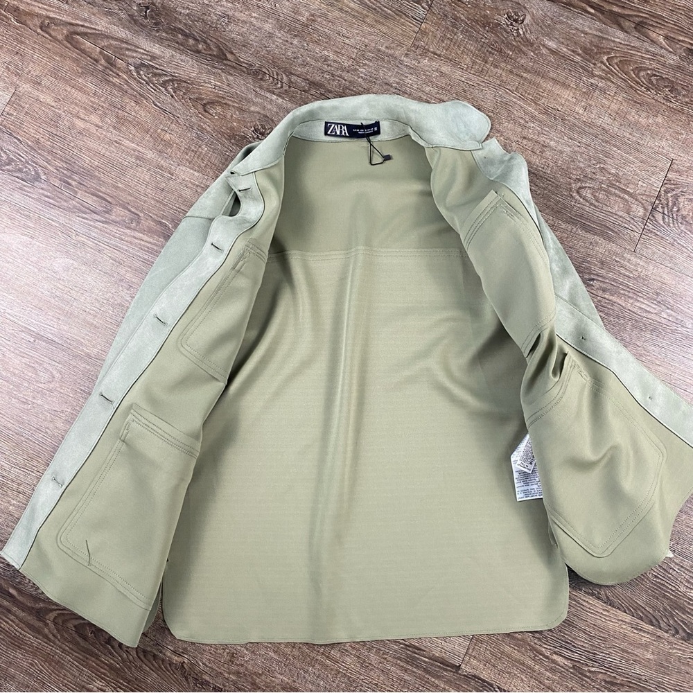 Zara Jacket Women XS Green Oversized Velvet Button Front Pockets Lightweight - Picture 4 of 9